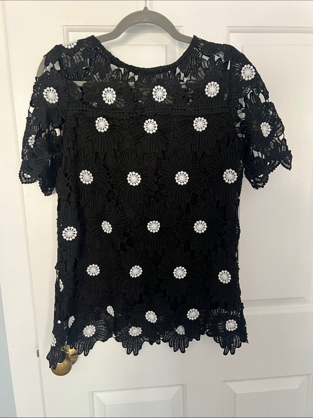 Zac & Rachel Black Crochet Top with White Daisy Accents